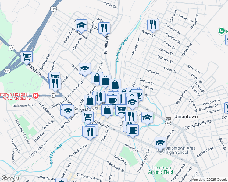 map of restaurants, bars, coffee shops, grocery stores, and more near 90 Pittsburgh Street in Uniontown