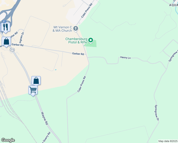 map of restaurants, bars, coffee shops, grocery stores, and more near 1898 Cider Press Road in Chambersburg