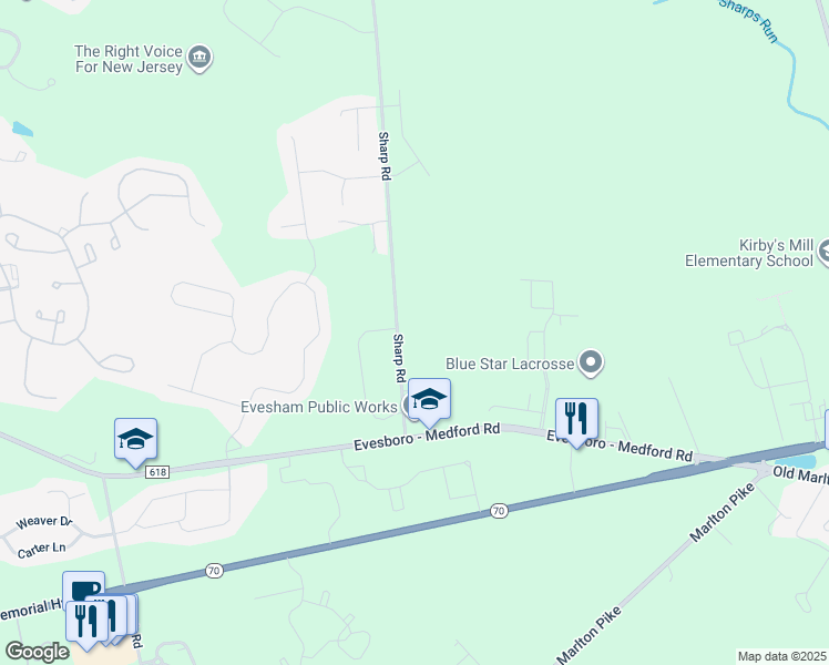 map of restaurants, bars, coffee shops, grocery stores, and more near 130 Sharp Road in Evesham