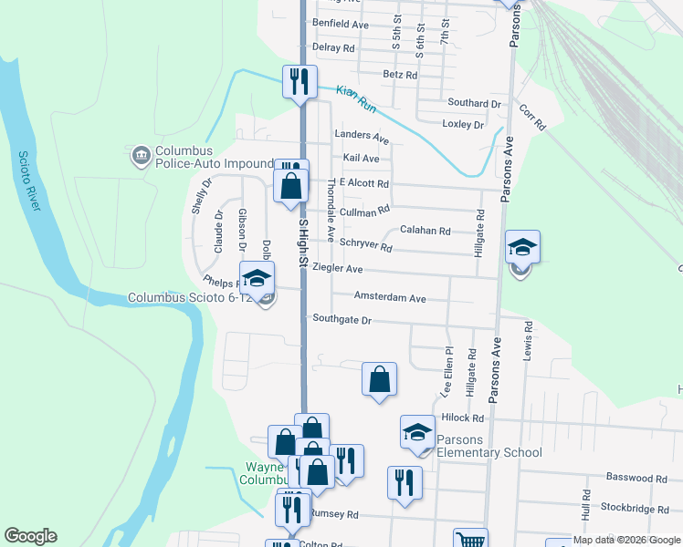 map of restaurants, bars, coffee shops, grocery stores, and more near 59 Ziegler Avenue in Columbus