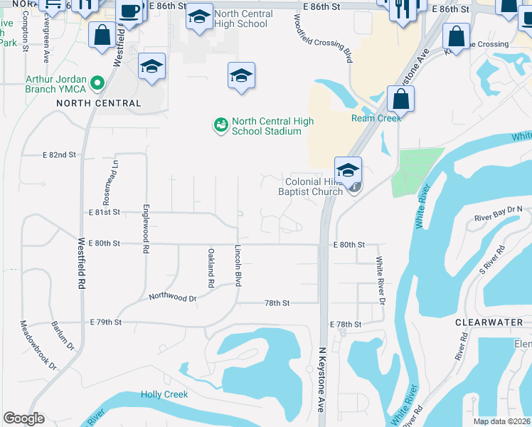 map of restaurants, bars, coffee shops, grocery stores, and more near 2124 Sequoia Lane in Indianapolis