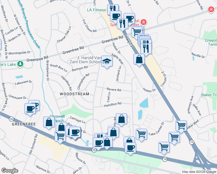 map of restaurants, bars, coffee shops, grocery stores, and more near 17 Tinder Box Terrace in Evesham