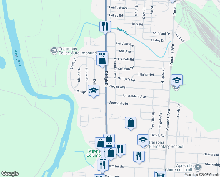 map of restaurants, bars, coffee shops, grocery stores, and more near 2880 South High Street in Columbus