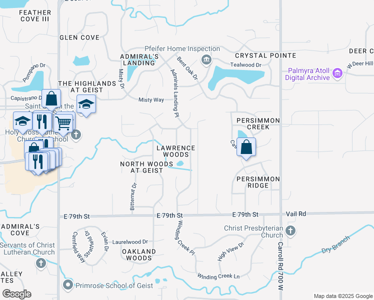 map of restaurants, bars, coffee shops, grocery stores, and more near 8067 Lawrence Woods Place in Indianapolis