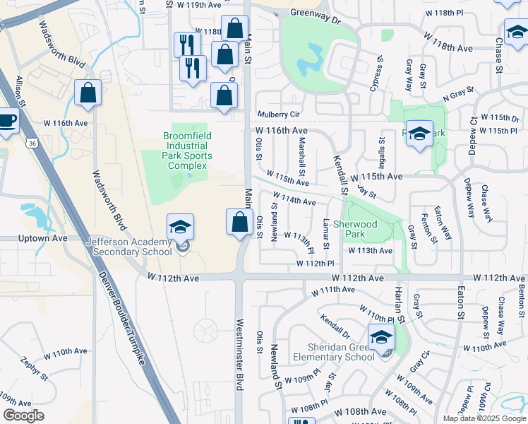 map of restaurants, bars, coffee shops, grocery stores, and more near 11397 Newland Street in Broomfield