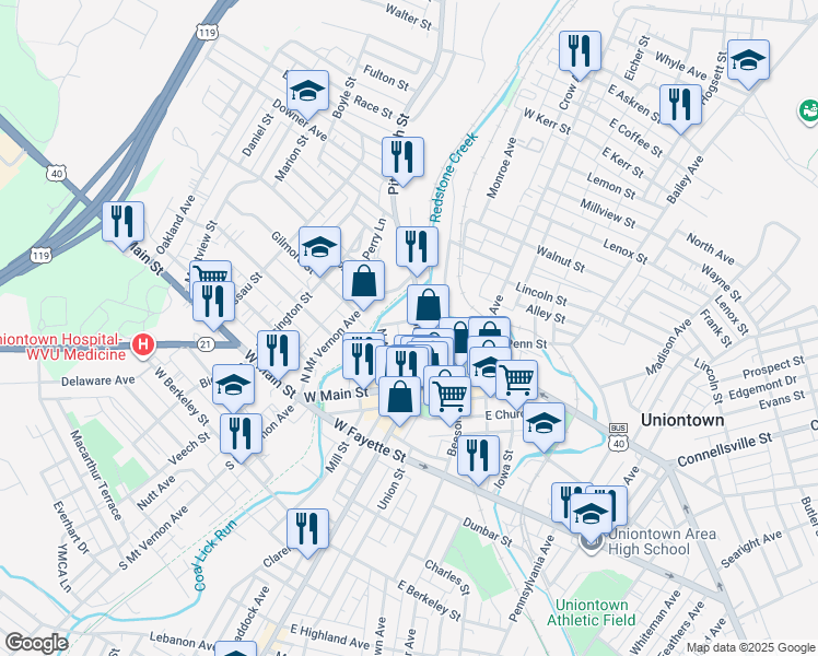 map of restaurants, bars, coffee shops, grocery stores, and more near 90 Pittsburgh Street in Uniontown
