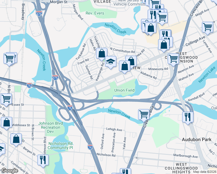map of restaurants, bars, coffee shops, grocery stores, and more near 1158 South Merrimac Road in Camden