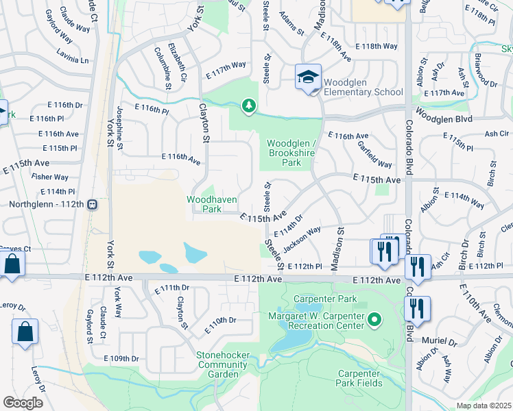 map of restaurants, bars, coffee shops, grocery stores, and more near 11522 Saint Paul Court in Thornton