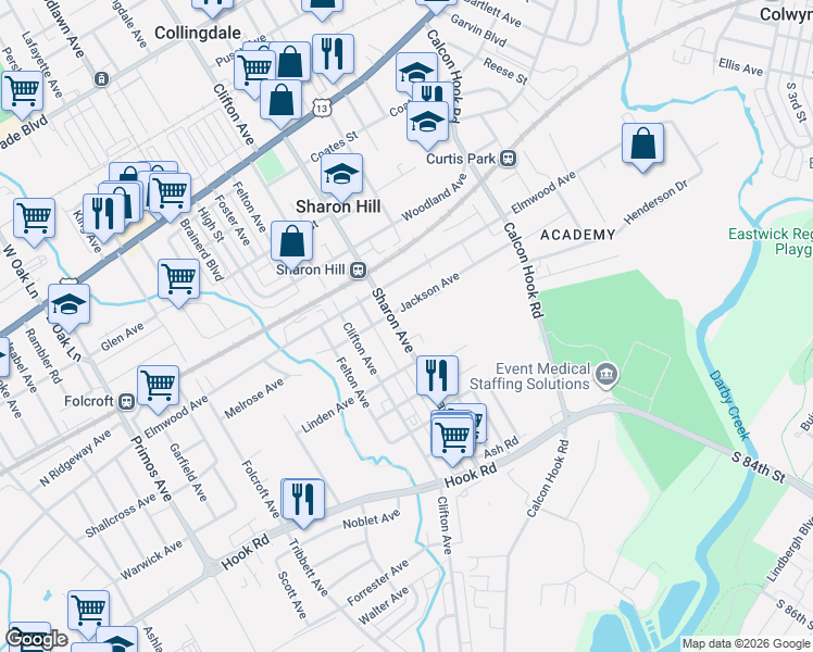 map of restaurants, bars, coffee shops, grocery stores, and more near 613 Sharon Avenue in Sharon Hill