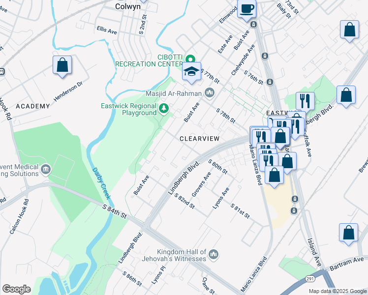 map of restaurants, bars, coffee shops, grocery stores, and more near 2622 South 80th Street in Philadelphia