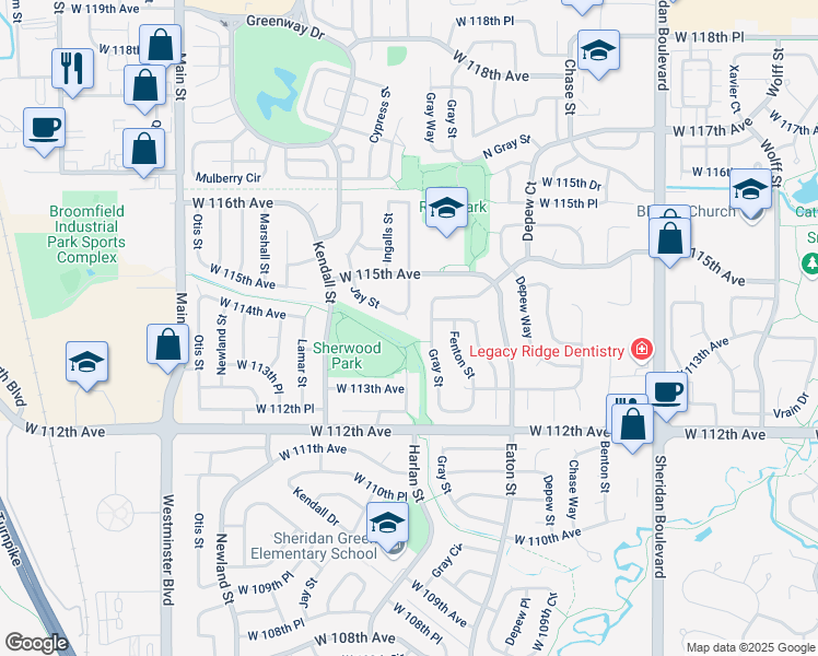 map of restaurants, bars, coffee shops, grocery stores, and more near 11386 Harlan Street in Westminster