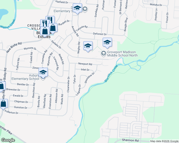 map of restaurants, bars, coffee shops, grocery stores, and more near 5463 Inlet Drive in Columbus