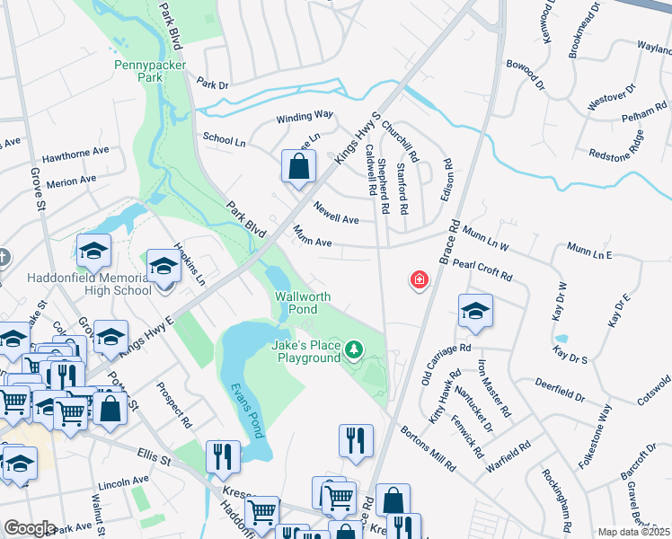 map of restaurants, bars, coffee shops, grocery stores, and more near 100 Park Boulevard in Cherry Hill