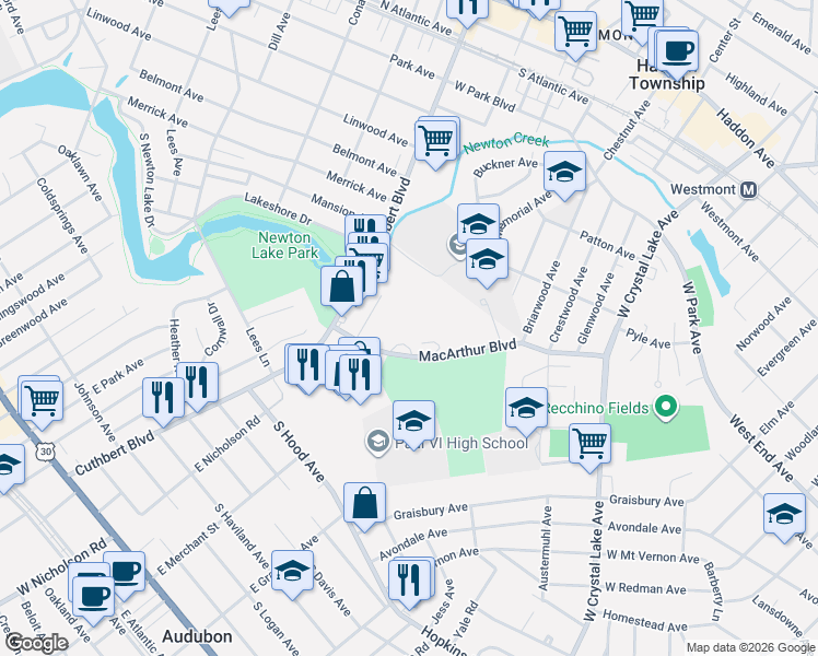 map of restaurants, bars, coffee shops, grocery stores, and more near 500 Rhoads Avenue in Haddon Township