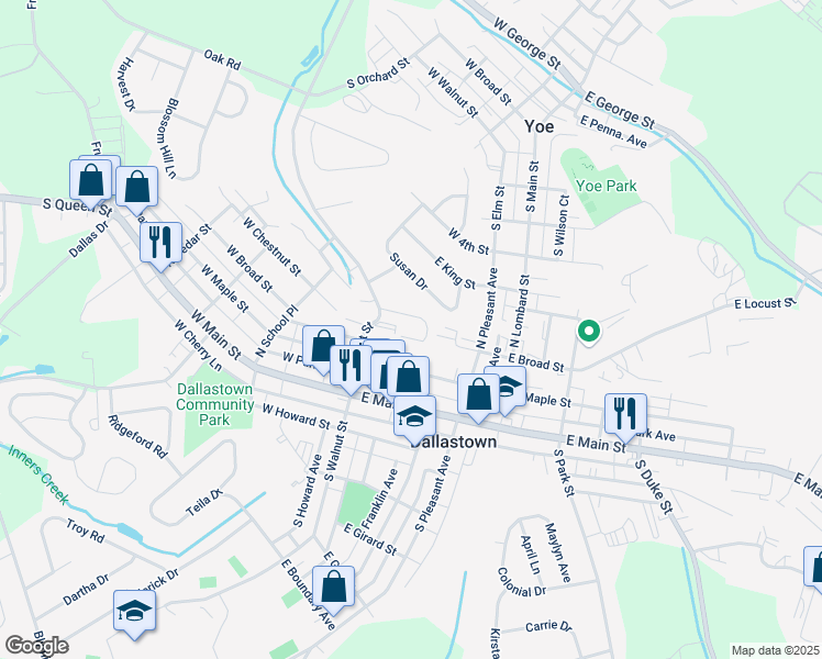map of restaurants, bars, coffee shops, grocery stores, and more near 75 Walnut Ridge in Dallastown