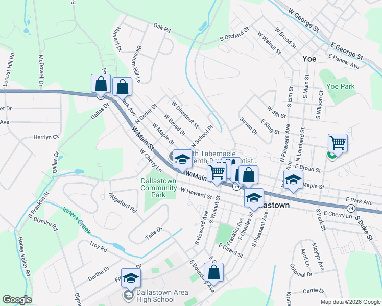 map of restaurants, bars, coffee shops, grocery stores, and more near 115 West Maple Street in Dallastown