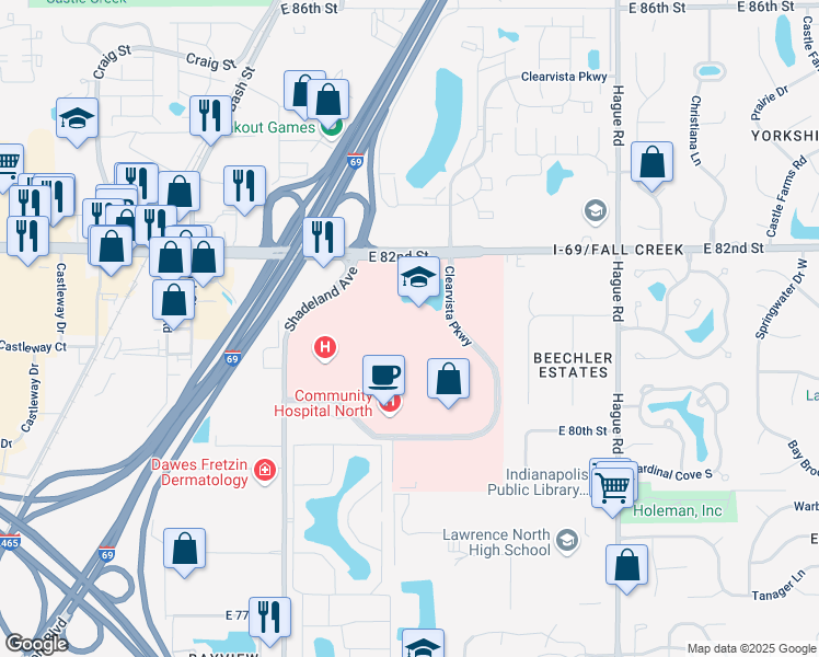 map of restaurants, bars, coffee shops, grocery stores, and more near 8102a Clearvista Parkway in Indianapolis