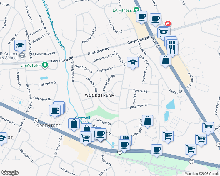 map of restaurants, bars, coffee shops, grocery stores, and more near 114 Woodbridge Road in Evesham
