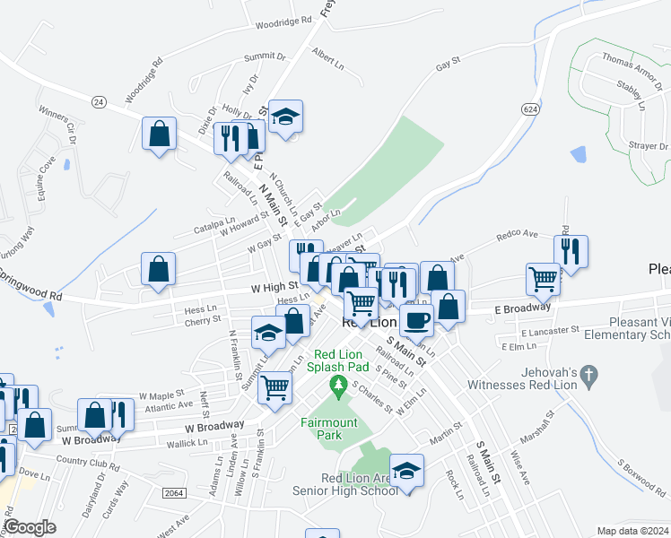 map of restaurants, bars, coffee shops, grocery stores, and more near 42 East High Street in Red Lion