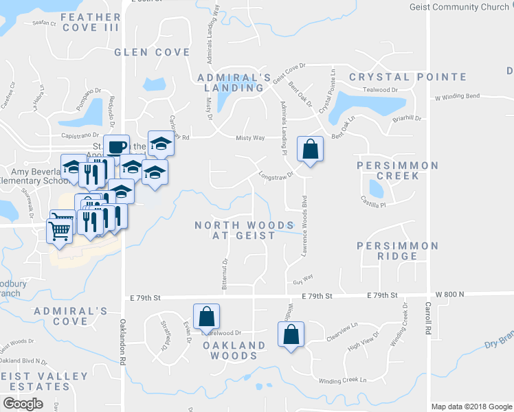 map of restaurants, bars, coffee shops, grocery stores, and more near 8077 Cherrybark Drive in Indianapolis