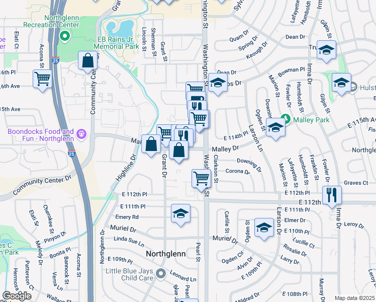 map of restaurants, bars, coffee shops, grocery stores, and more near 558 Malley Drive in Denver