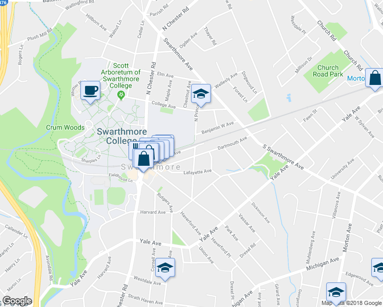 map of restaurants, bars, coffee shops, grocery stores, and more near 305 Dartmouth Avenue in Swarthmore