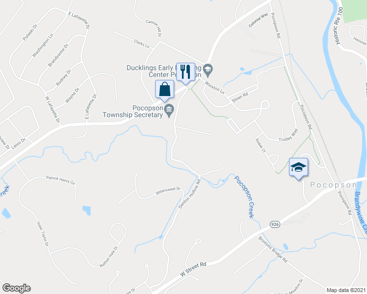 map of restaurants, bars, coffee shops, grocery stores, and more near 809 Denton Hollow Road in West Chester