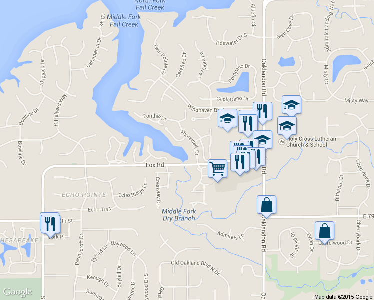 map of restaurants, bars, coffee shops, grocery stores, and more near 8094 Shorewalk Drive in Indianapolis