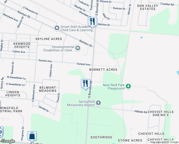 map of restaurants, bars, coffee shops, grocery stores, and more near 1649 South Burnett Road in Springfield