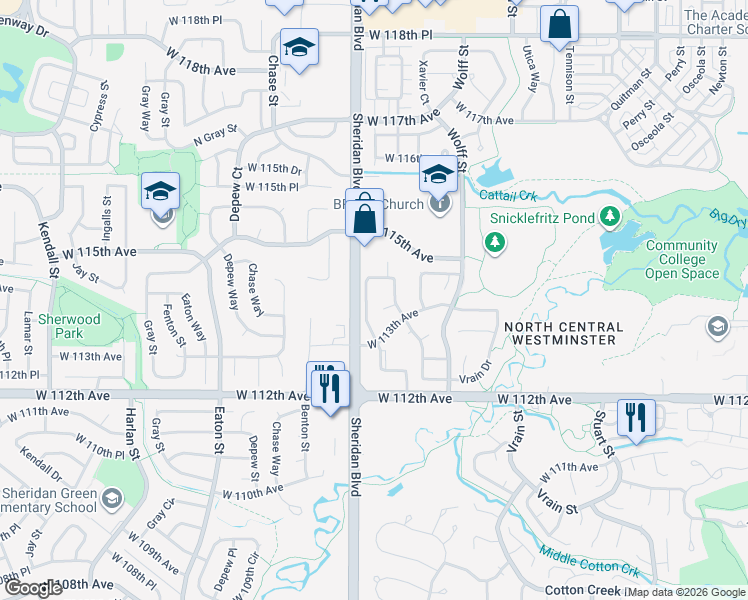map of restaurants, bars, coffee shops, grocery stores, and more near 11374 Xavier Drive in Westminster