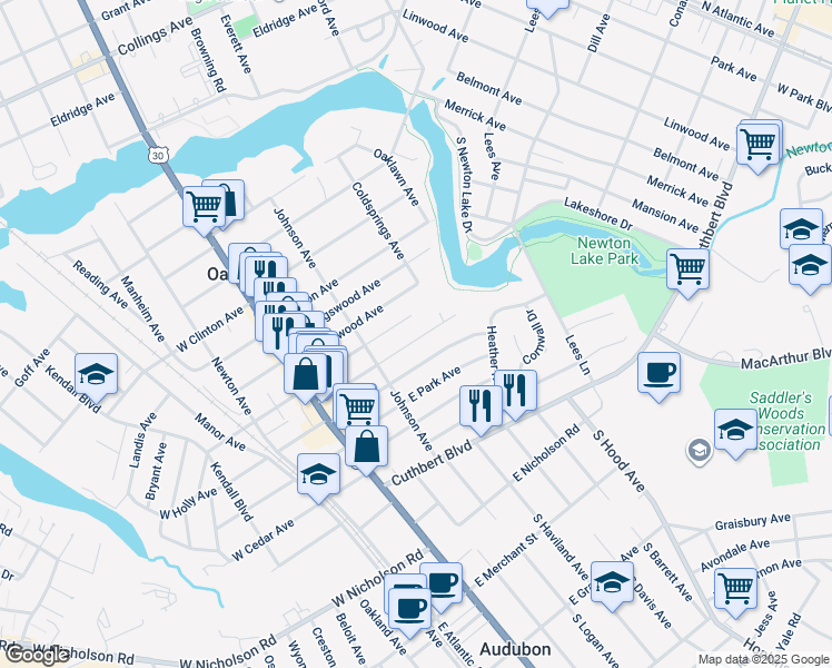 map of restaurants, bars, coffee shops, grocery stores, and more near 125 Ormond Avenue in Oaklyn