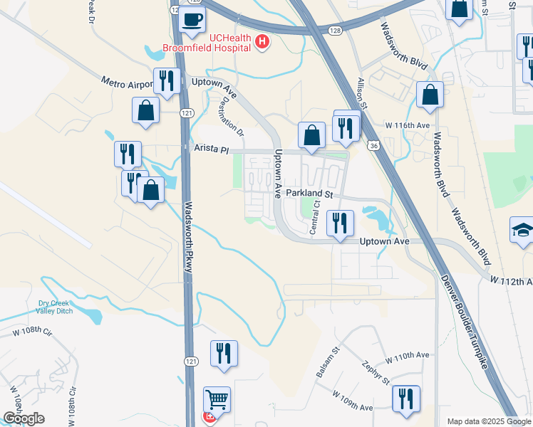 map of restaurants, bars, coffee shops, grocery stores, and more near 11296 Sheps Way in Broomfield