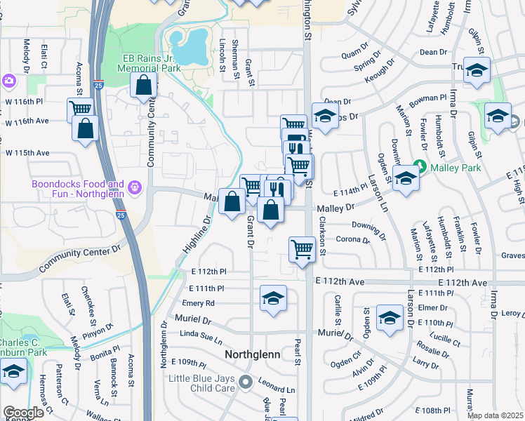 map of restaurants, bars, coffee shops, grocery stores, and more near 476 Malley Drive in Denver