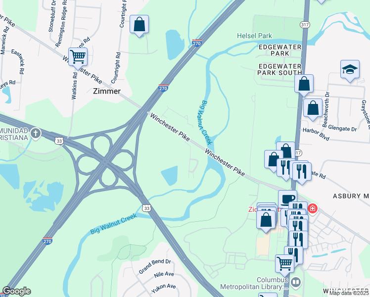 map of restaurants, bars, coffee shops, grocery stores, and more near 3433 Winchester Bend Drive in Columbus