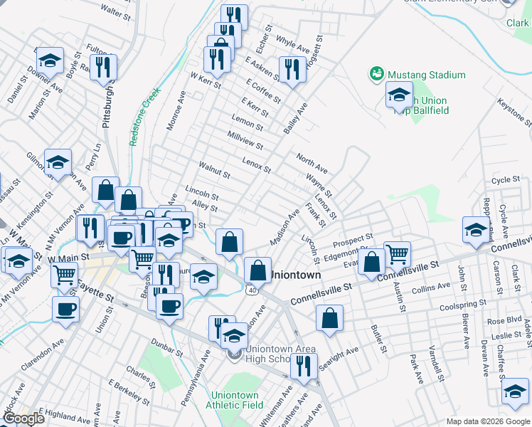 map of restaurants, bars, coffee shops, grocery stores, and more near 151 Lincoln Street in Uniontown
