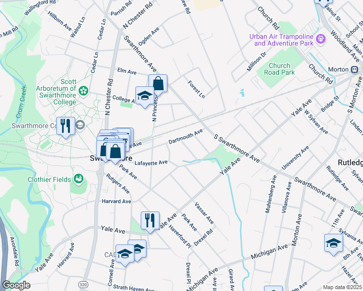 map of restaurants, bars, coffee shops, grocery stores, and more near 18 Amherst Avenue in Swarthmore