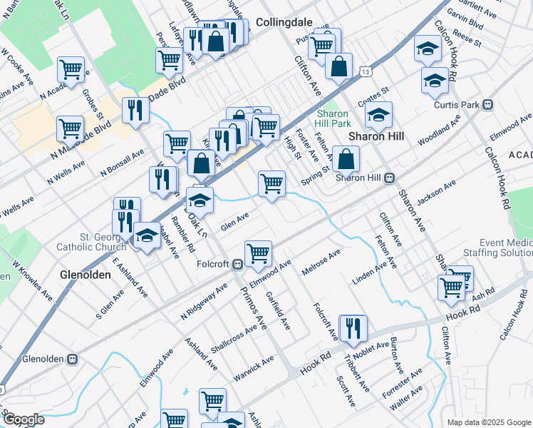 map of restaurants, bars, coffee shops, grocery stores, and more near 205 Folcroft Avenue in Folcroft