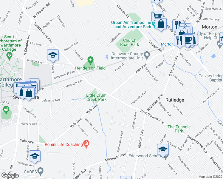 map of restaurants, bars, coffee shops, grocery stores, and more near 627 Yale Avenue in Morton