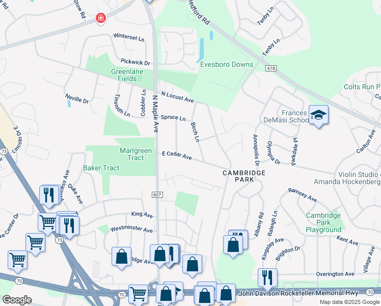 map of restaurants, bars, coffee shops, grocery stores, and more near 16 Birch Lane in Evesham