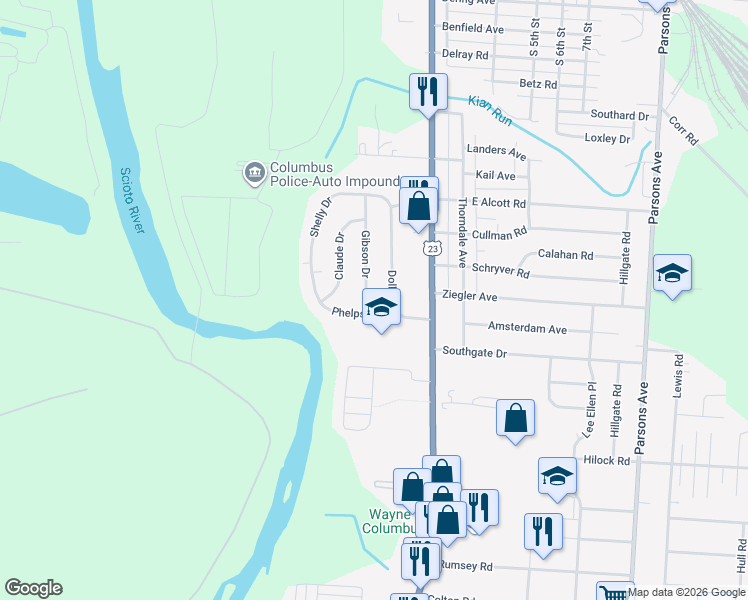 map of restaurants, bars, coffee shops, grocery stores, and more near 2854 Gibson Dr in Columbus