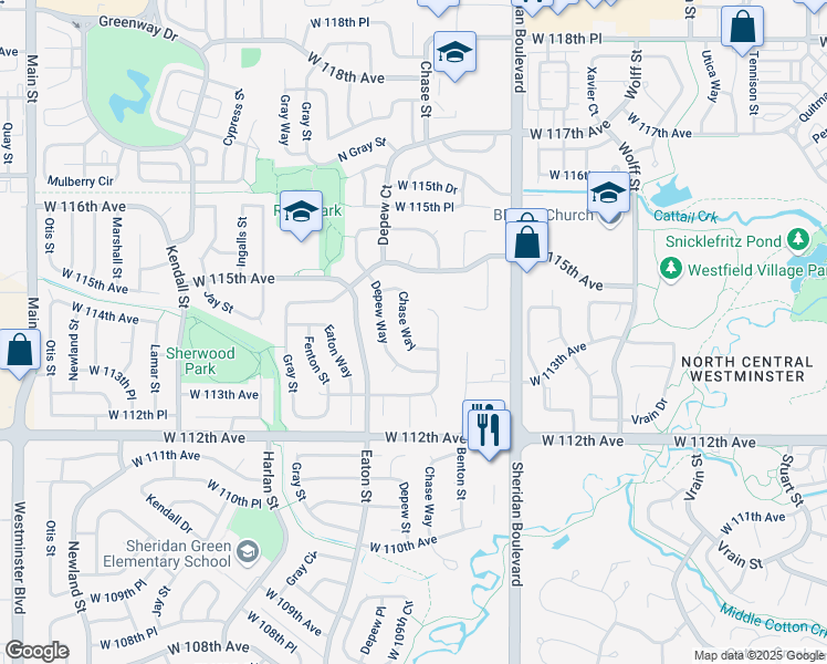 map of restaurants, bars, coffee shops, grocery stores, and more near 11344 Chase Way in Westminster