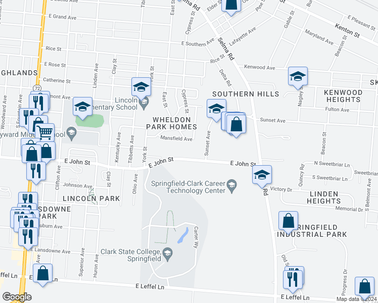 map of restaurants, bars, coffee shops, grocery stores, and more near 910 East John Street in Springfield