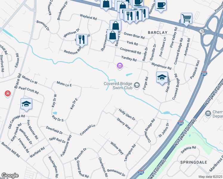 map of restaurants, bars, coffee shops, grocery stores, and more near 1202 Cotswold Lane in Cherry Hill