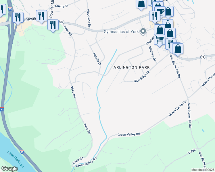 map of restaurants, bars, coffee shops, grocery stores, and more near 323 Holyoke Drive in York