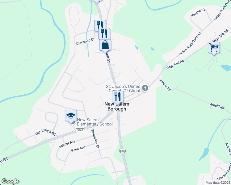 map of restaurants, bars, coffee shops, grocery stores, and more near 64 North Main Street in New Salem Borough