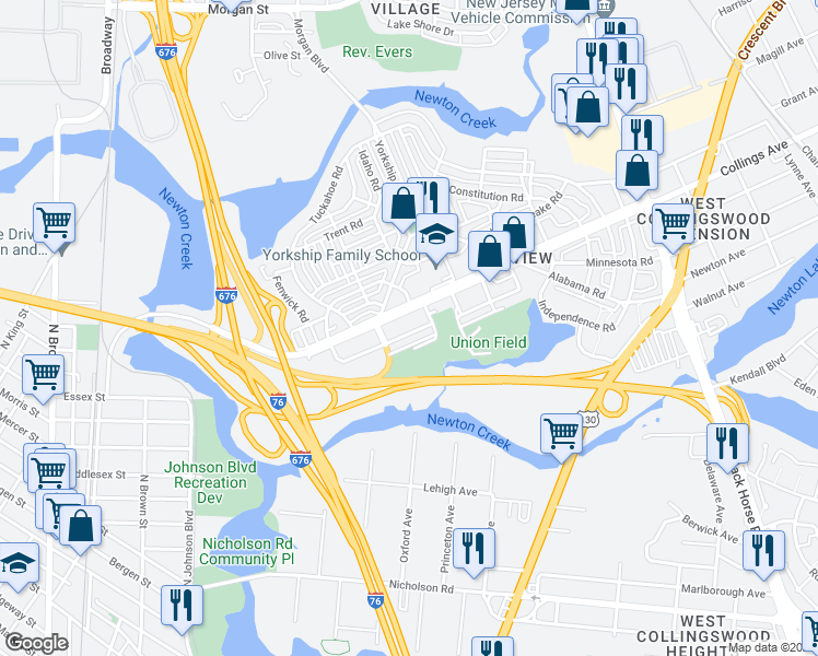 map of restaurants, bars, coffee shops, grocery stores, and more near 1135 South Merrimac Road in Camden