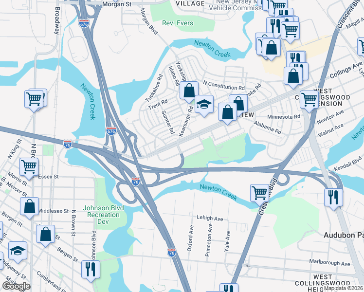 map of restaurants, bars, coffee shops, grocery stores, and more near 1127 South Merrimac Road in Camden