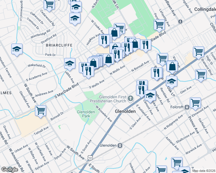 map of restaurants, bars, coffee shops, grocery stores, and more near in Glenolden