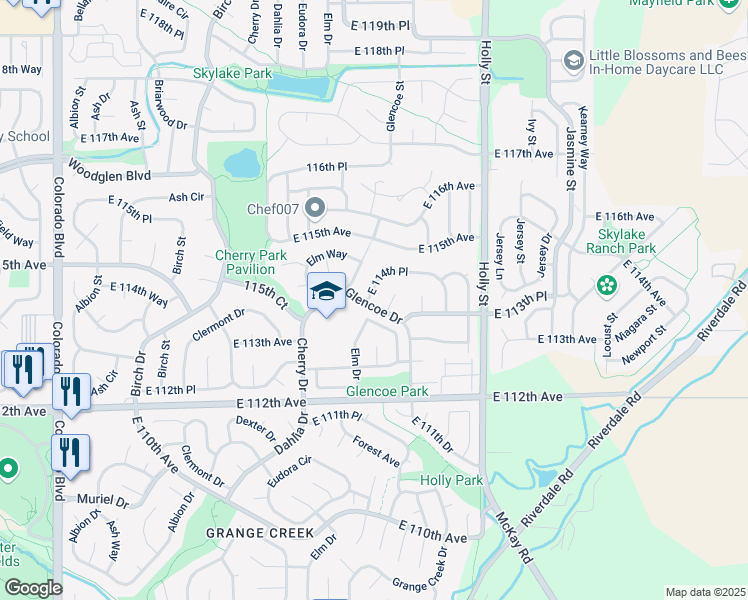 map of restaurants, bars, coffee shops, grocery stores, and more near 5164 East 114th Place in Thornton