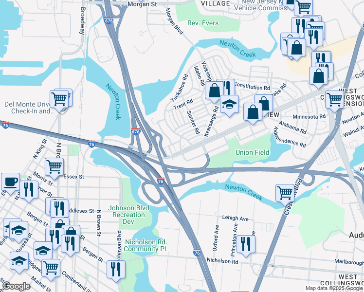 map of restaurants, bars, coffee shops, grocery stores, and more near 3150 West Ironside Road in Camden